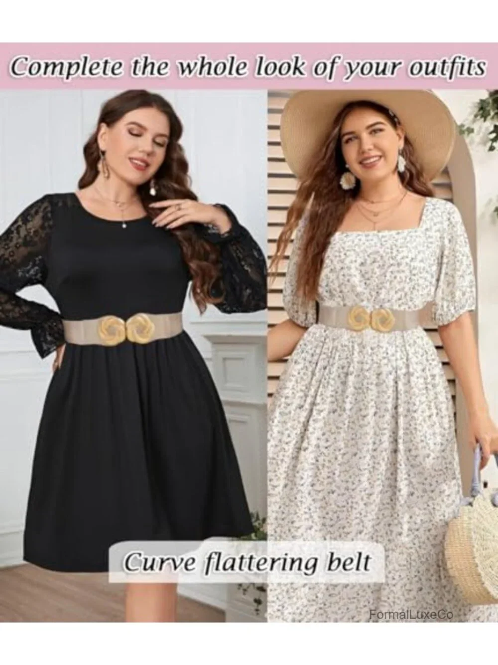 Wide Elastic Waist Belt with Gold Flower Buckle Stretchy Dressy Fashion Belt